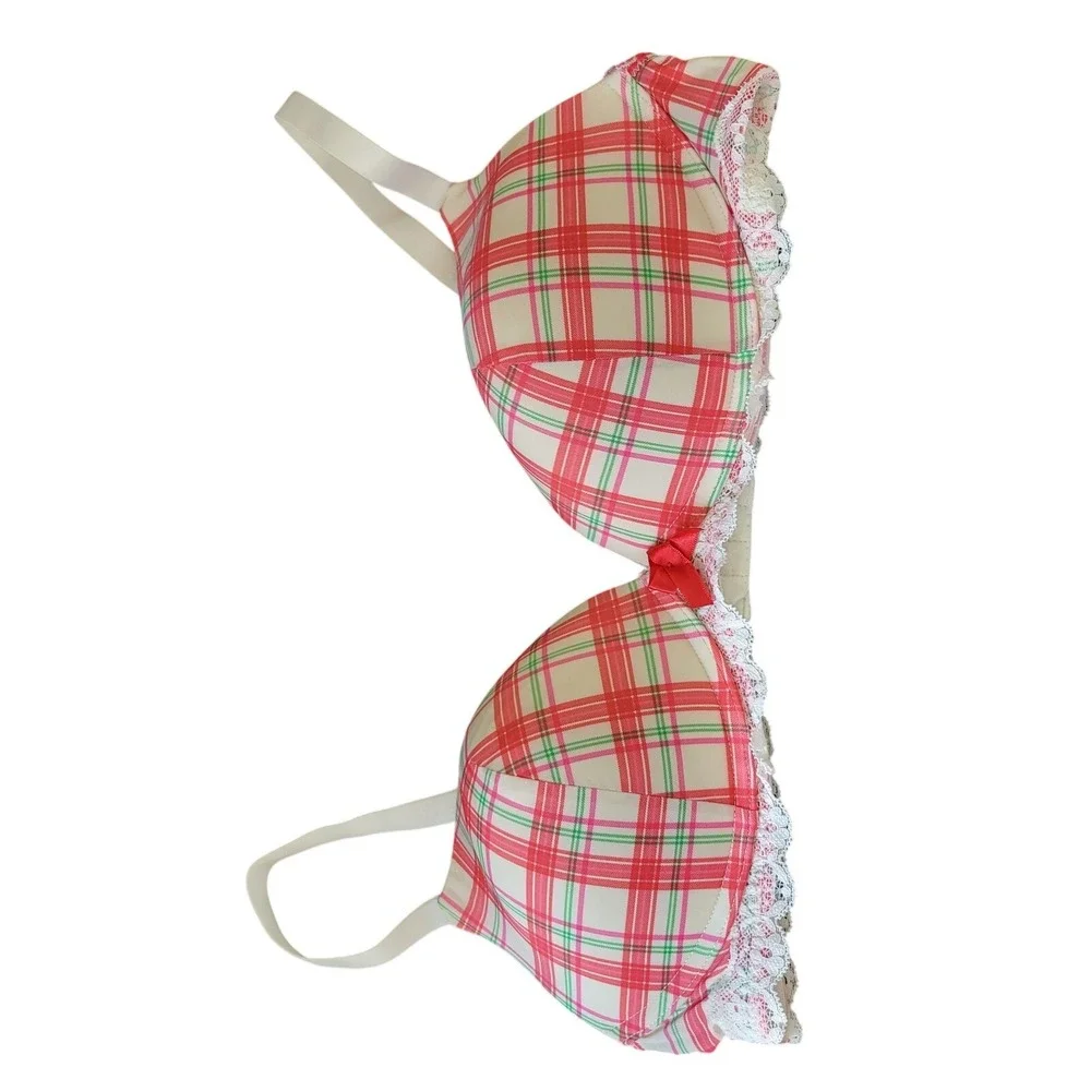 Adore Me Plaid Push Up Bra Womens 36C Red Green Lace Trim Excellent Festive Holi